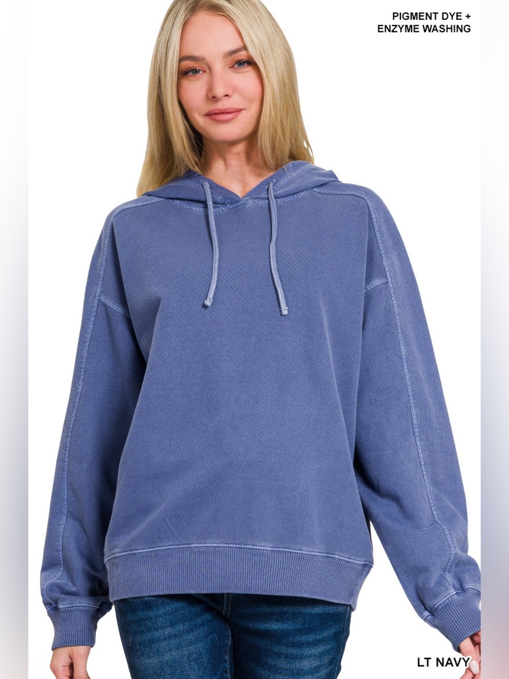 Zenana Lt Navy Pigment Dye & Enzyme Washed French Terry Hoodie
